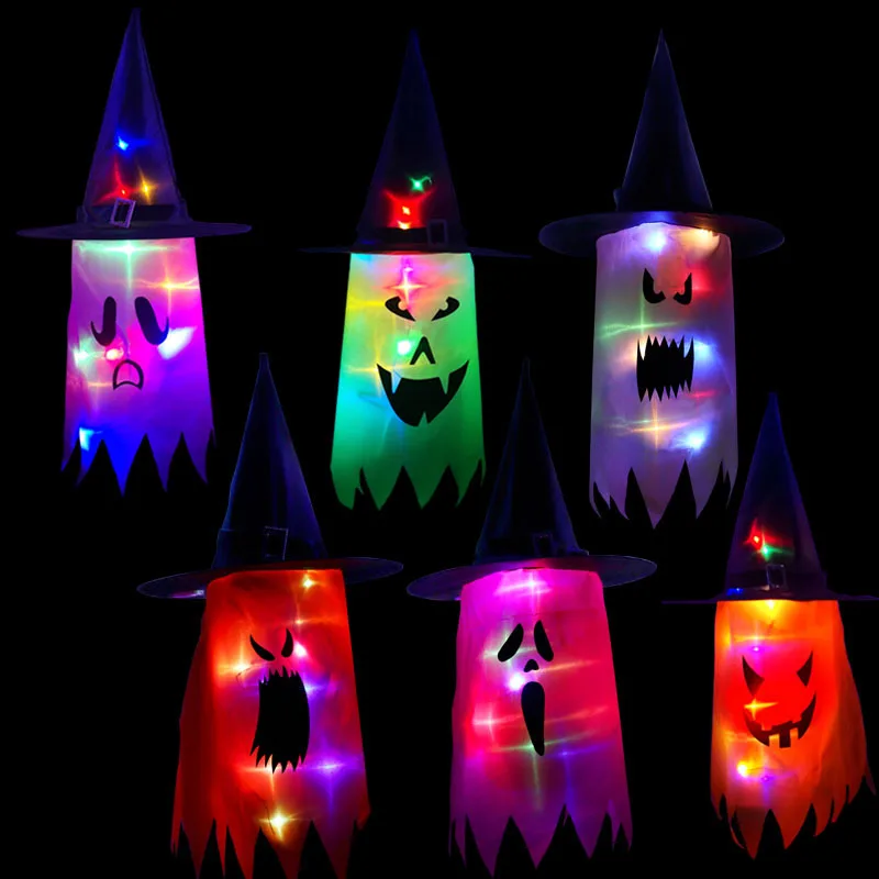 

New Design Glowing Halloween Party Decoration Witch Hat LED Lights for Kids Party Outdoor Decor Tree Hanging Ornament Wizard Hat