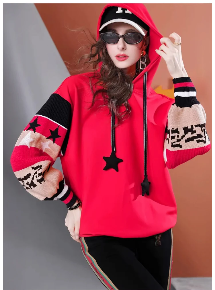 سترة نسائية بغطاء للرأس على شكل نجمة - سويت شيرت كبير الحجم مع رباط |   بلوفر كاجوال