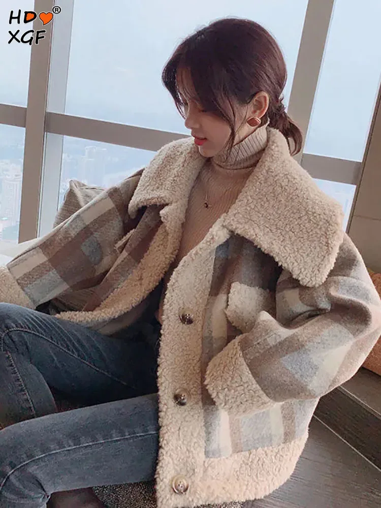 

Winter Thickening Lamb Fleece Plaid Jackets For Women Korean Fashion Lapel Single Breasted Warm Outwears Casual All-match Jacket