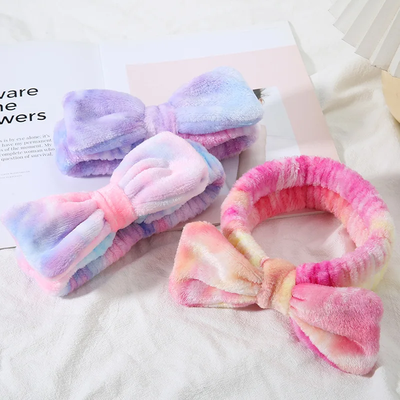 3pcs 12colors flannel face wash head hand bands set non slip absorbent unisex makeup facial spa yoga hair wrist holder 1Pc Bowknot Headband Women Colorful Soft Flannel Wash Face Makeup Hairbands Girls Plush Elastic Headband Turban Hair Accessories