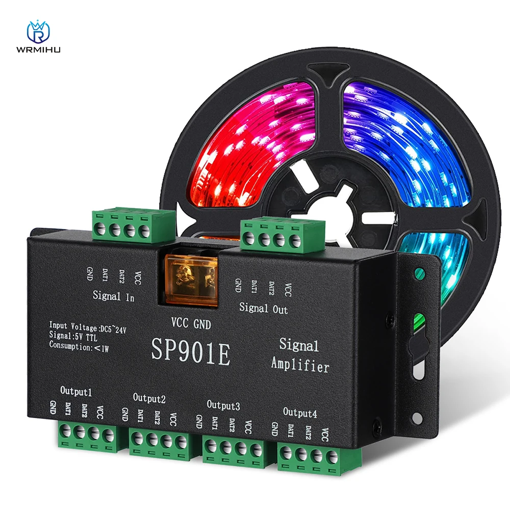 픽셀 RGB LED 스트립 신호 리피터, 주소 지정 가능 드림 컬러 테이프, SP901E SPI 신호 증폭기, WS2812B WS2811 WS2813, DC 5V-24V