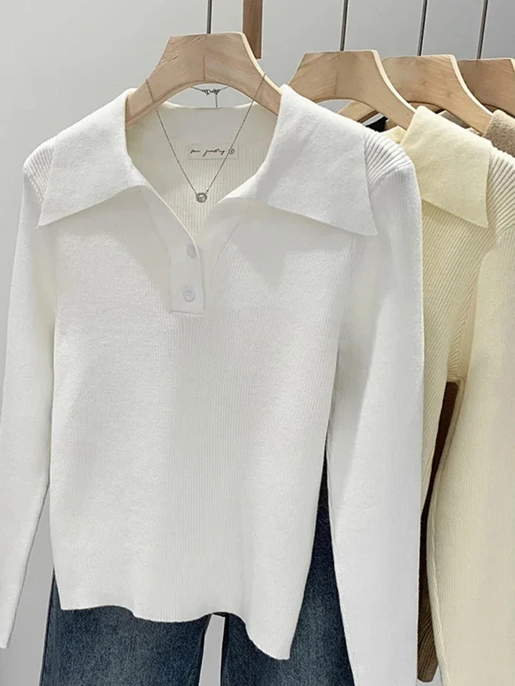 

Chic Autumn Women's Pullovers: Simple Casual Female Polo Neck Knitted Color Korean Long Sleeved Fashion Basic Long Pullovers
