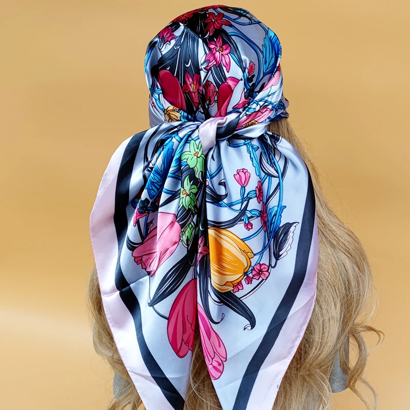 Women 90X90CM New Shawls The Four Seasons Beach Scarves Fashion Model Square Silk Hijab Popular Design Sunscreen Headscarf 5