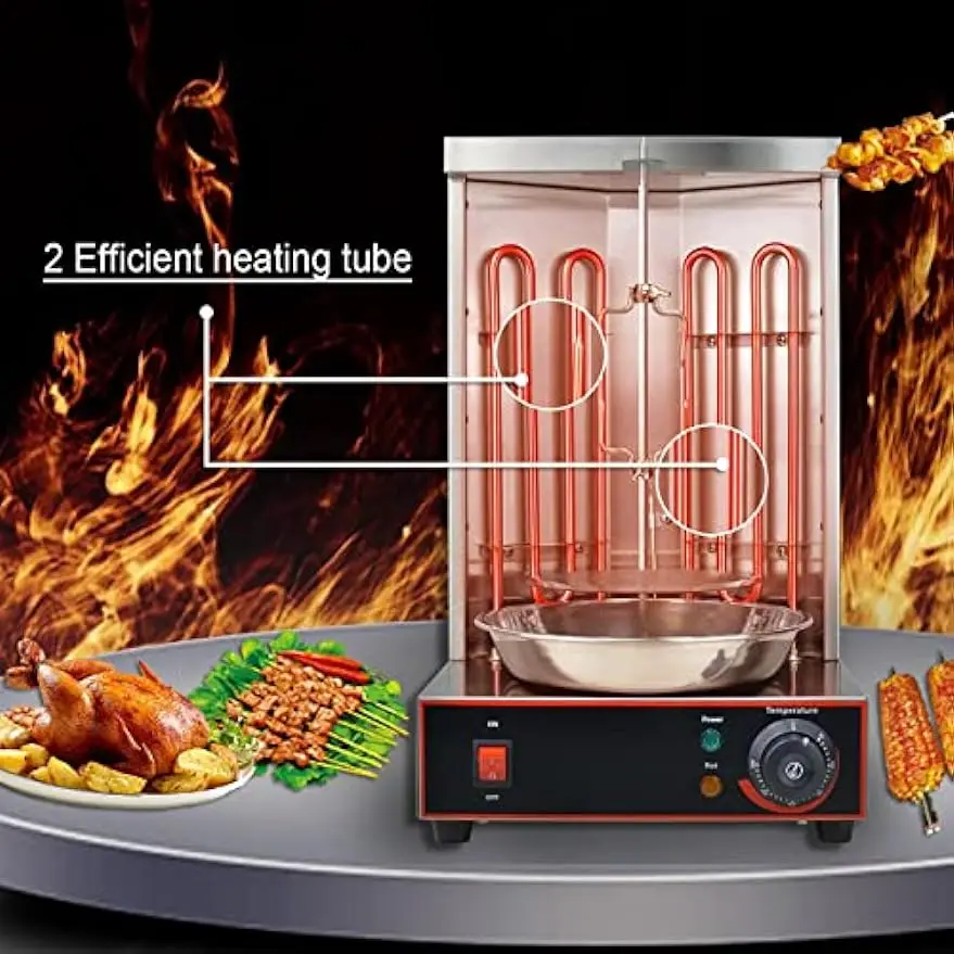 Shawarma Machine Electric Vertical Kebab Grill Gyro Rotisserie Oven Meat Broiler with 2 Heating Tubes Stainless Steel Body 110V 4