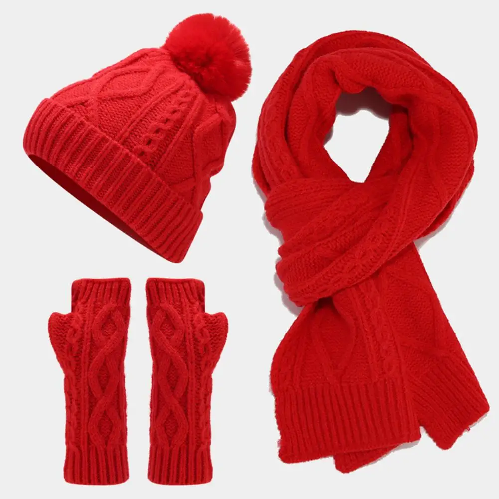 女性の居心地の良い帽子のスカーフと手袋のセット、暖かいぬいぐるみのボールビーニー、ハーフフィンガー、冬