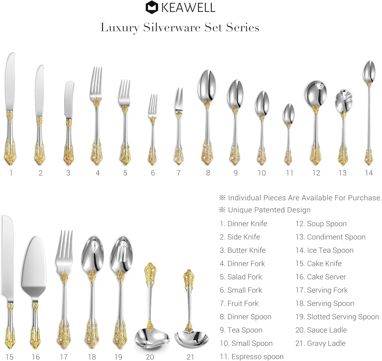 Luxury 65 Pieces Stainless Steel Flatware set Service for 12 silver plated with gold accents Fine Silverware set Dishwasher Safe