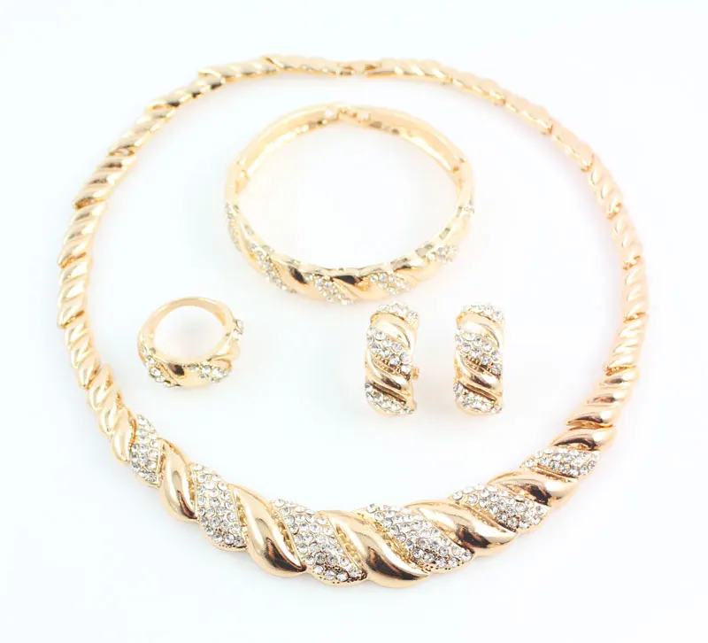 African Jewelry Sets Gold Color Trendy Necklace Earrings Bracelet Women Gold Color Jewelry Set Wedding Accessories bridal jewelry sets crystal jewelry sets