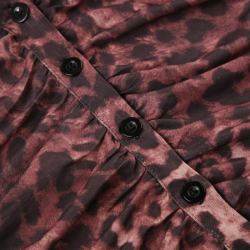Camiseta de malla transparente con estampado de leopardo, top corto sexy de manga larga con volantes y botones, camiseta urbana vintage para mujer Y2K