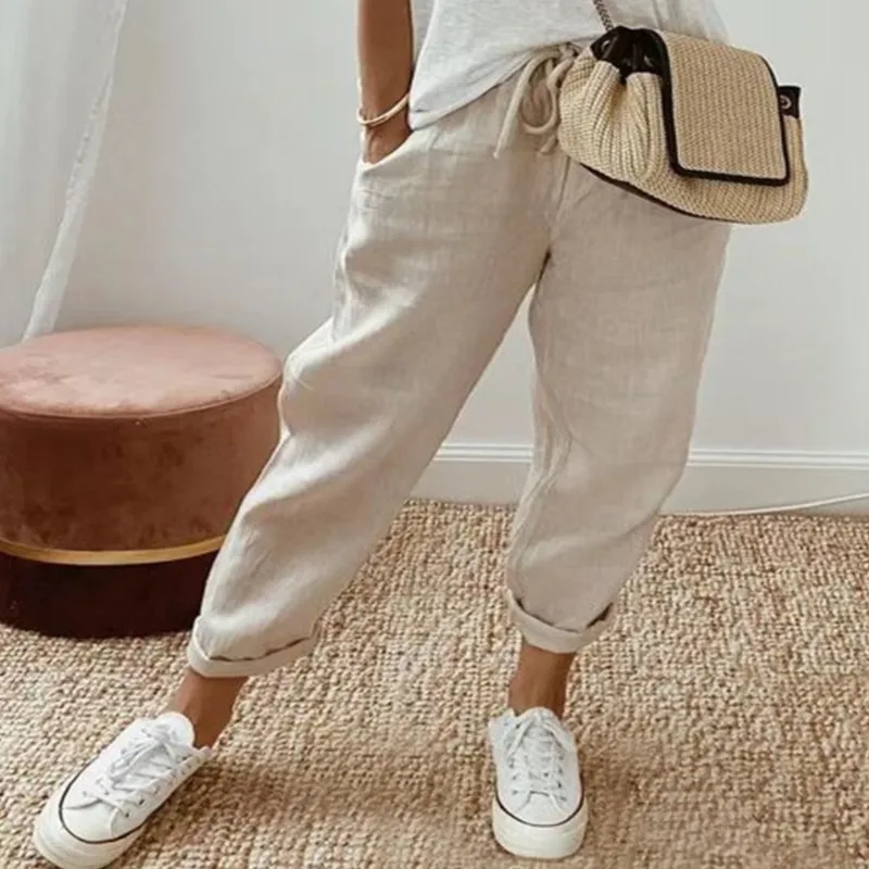 Retro Solid Pants for Women Summer Cotton Linen Mid-waist Ankle Length Pant Pocket Straight Trousers Office Lady Casual Overall vintage high waiste elastic tights ripped holes jeans 2023 slim pencil pants retro ankle length washed cotton denim trousers