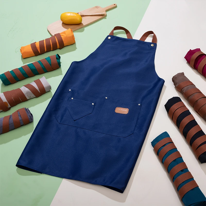 Customized Embroidery Print Logo Signature Waterproof Kitchen Aprons Home Chef Baking Clothes With Pockets Adult Bib Waist Bag 4