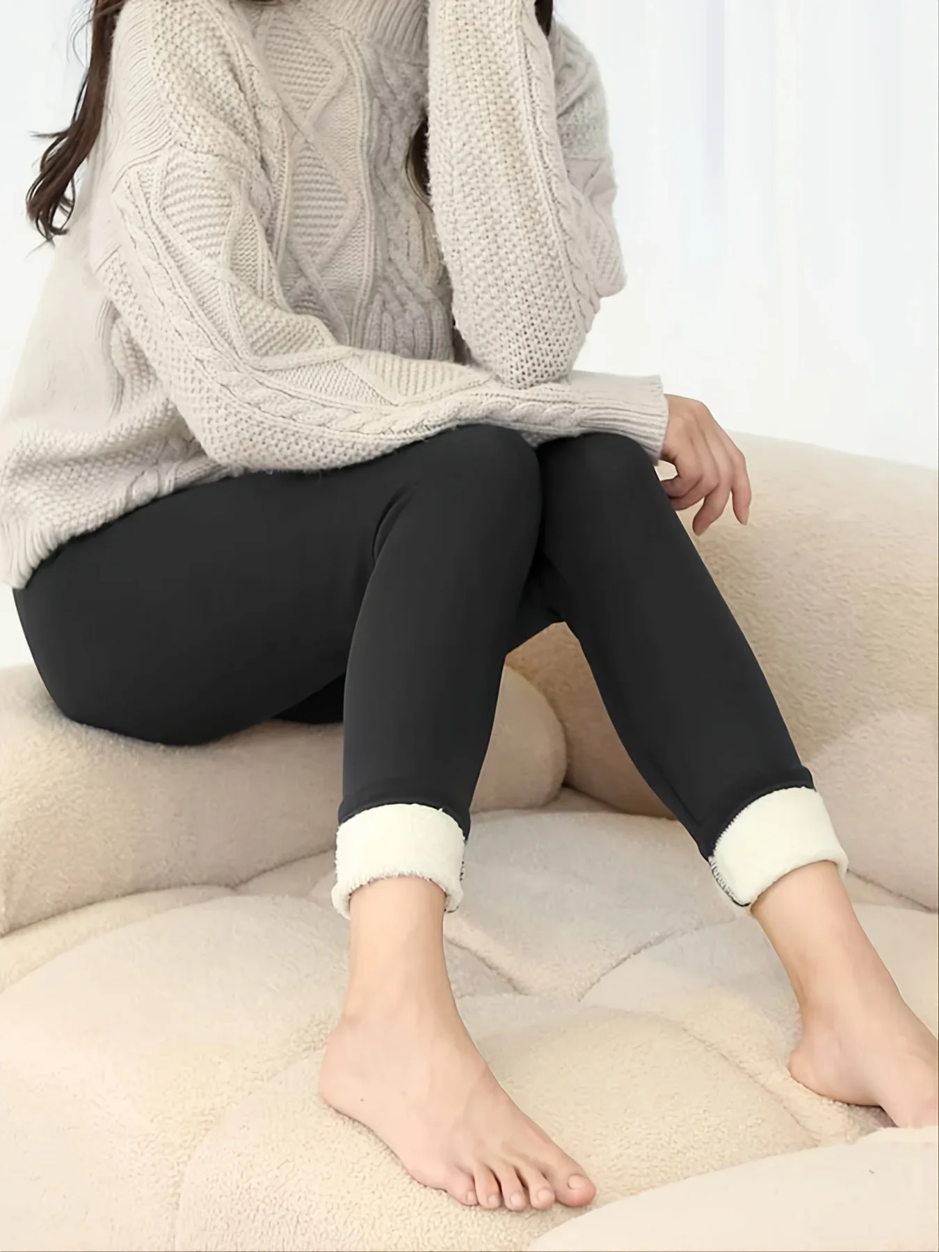 Solid Sherpa Warm Plush Lining Leggings, Casual Stretchy Long
