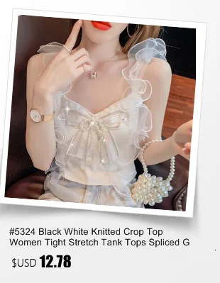 #5324 Black White Knitted Crop Top Women Tight Stretch Tank Tops Spliced Gauze Sexy Tops For Women Clubwear Bow Backless Summer