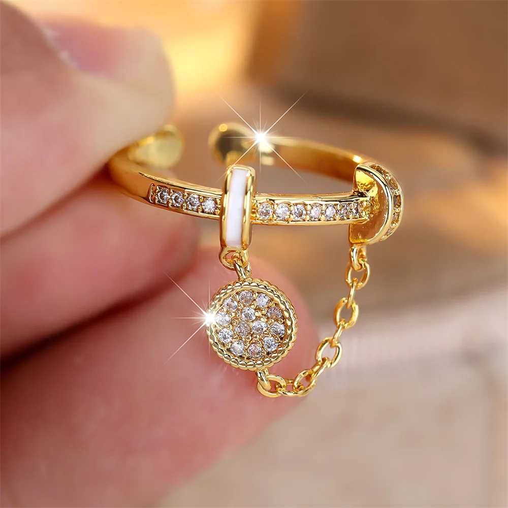 White Zircon Tassel Pendant Chains Opening Rings For Women Vintage Gold Color Engagement Wedding Jewelry Bridal Accessory Gifts