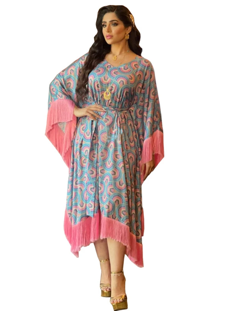 

Morocco Party Dress Muslim Women Abaya Tassel Prayer Caftan Batwing Sleeve Robe India Abayas Dubai Turkey Longue Vestidos Largos