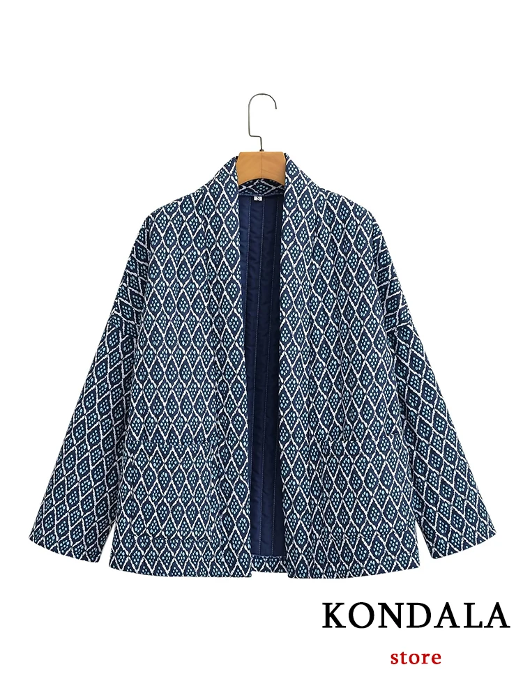 

KONDALA Vintage Blue Oversized Women Outwear Folk Cotton Padded Fashion 2023 Long Sleeve Open Stitch Streetwear Autumn Jacket