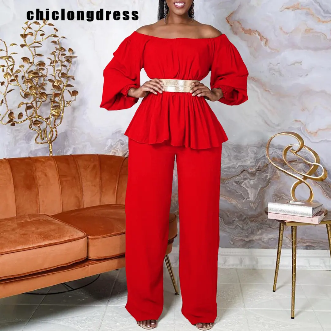 Spring Autumn Fashion Two Piece Set African Women Casual Loose Slash Neck Belt Top Wide Leg Pants Two Piece Set Women