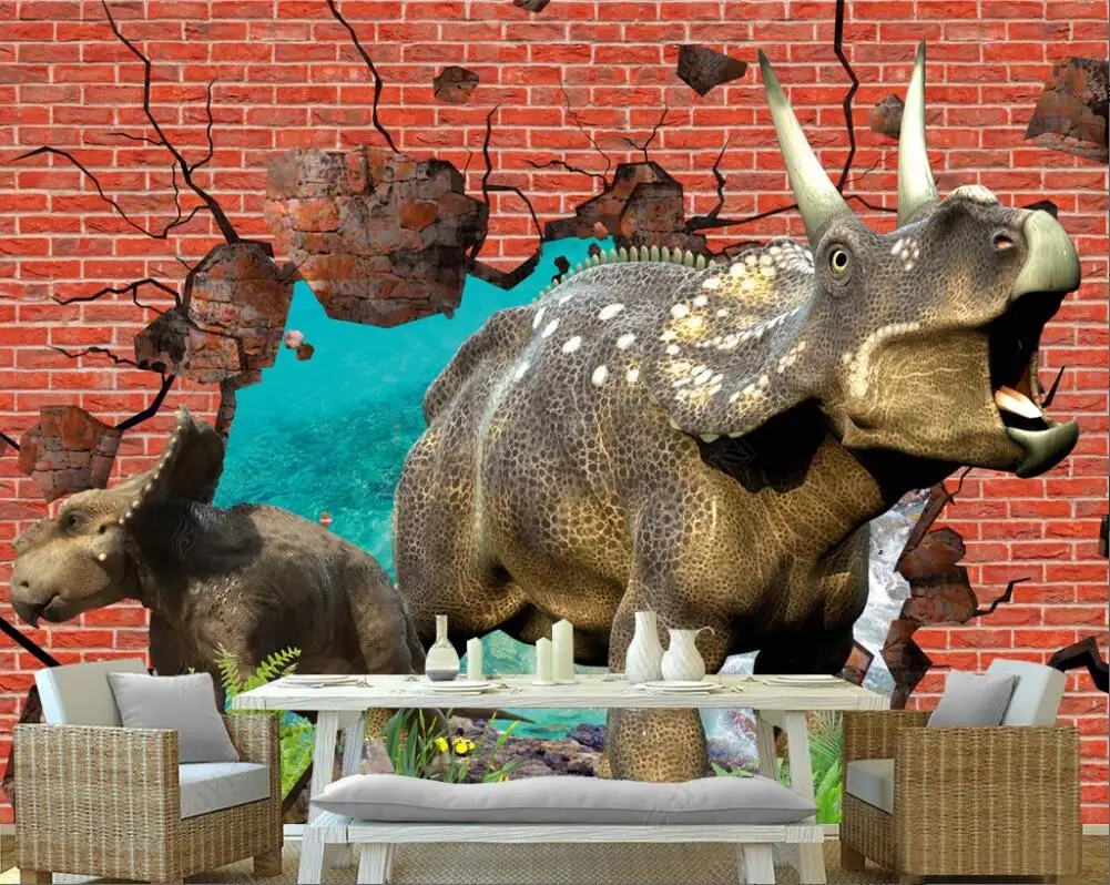 

3d photo Wallpapers custom mural Remnant wall Jurassic dinosaur red brick wall home decor living room wallpaper for walls 3d