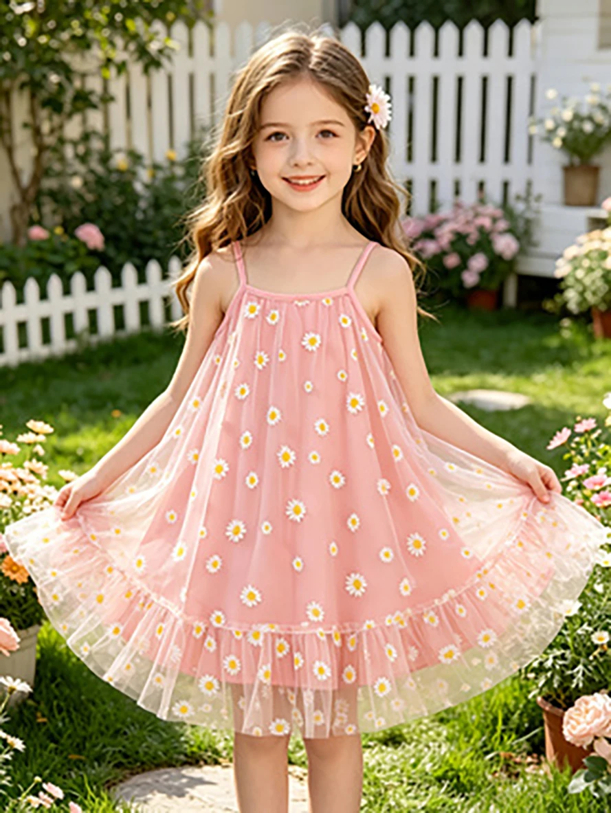Vestido de Tirantes Rosa con Margaritas para Niñas Pequeñas, Vestido de Princesa de Tul para Verano, Vestido de Tutú Floral para Niñas