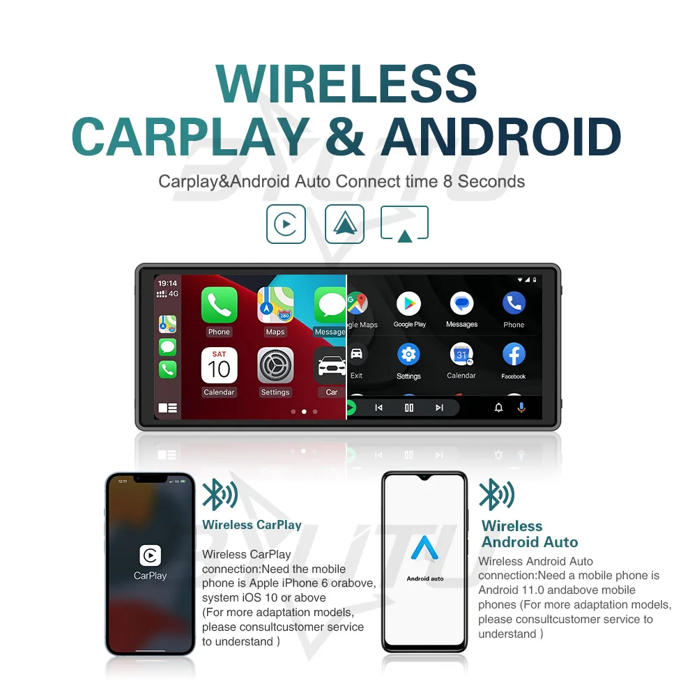 범용 10.26 인치 화면 무선 Carplay/무선 안드로이드 자동 미러 비디오 플레이어 블루투스 음악 iPhone 안드로이드 전화
