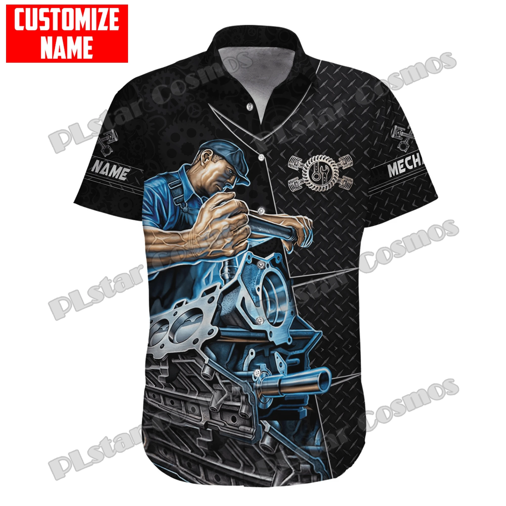 Personalisierter Name Mechanic 3D All Over Bedrucktes Herren-Hawaii-Hemd Sommer Unisex Casual Beach Kurzarm-Knopfhemd SH09 – Detail 15
