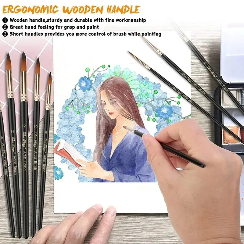 12pcs Professional Watercolor Paint Brushes Set Round Pointed Tip Nylon Hair Artist Acrylic Brush For Acrylic Watercolor Oil
