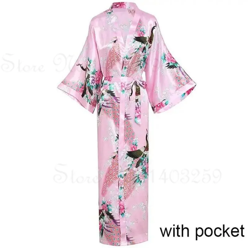 Elegant Satin Kimono Robe with Pockets - Women's Luxurious Loungewear and Bridal Dressing Gown
