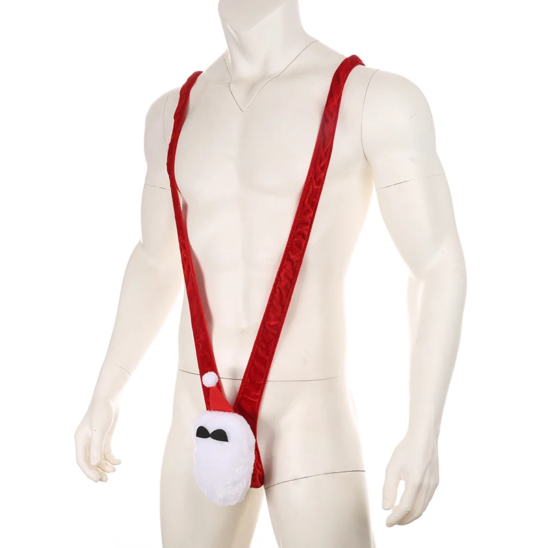 Mens Sexy Sheer T Back Open Crotch V-Shaped Bodysuit Porn Transparent Plush Lingerie Christmas Mini Panties Sissy Erotic Costume