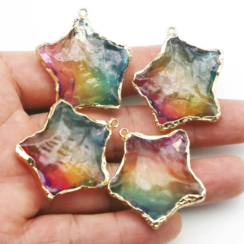 Natural Raw Ore Colour Crystal Five Pointed Star Gold Eedged Necklace Pendant Mineral Healing Jewelry Accessories Wholesale 8Pcs