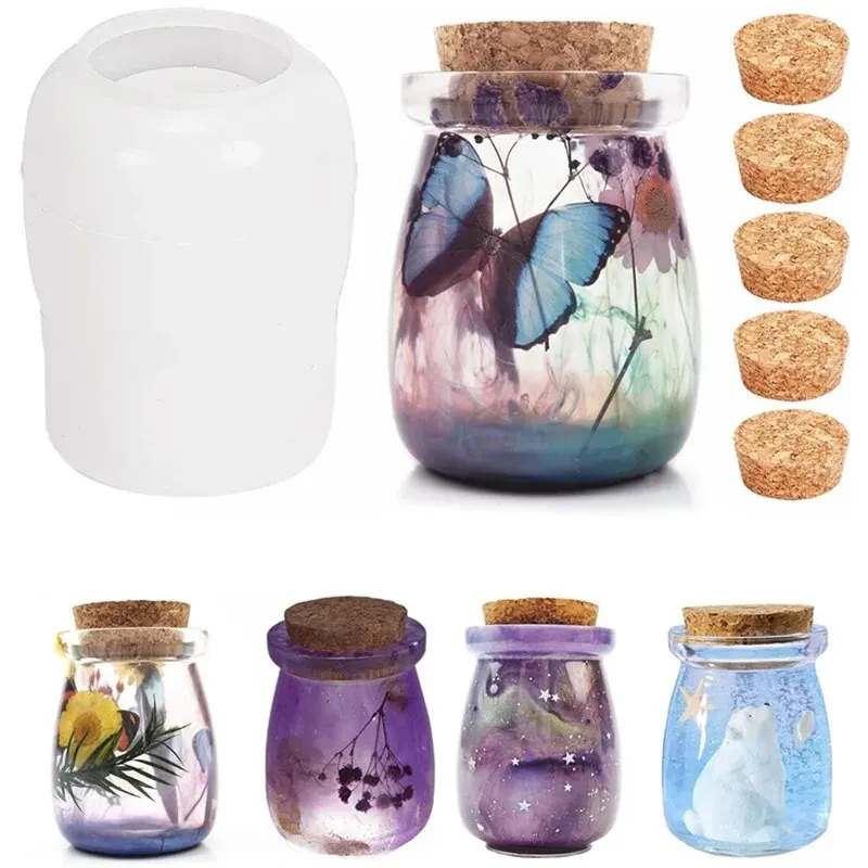 Silicone mold jar resin with 5pcs cork lids cute bottle for epoxy resin DIY stash jar storage bottle