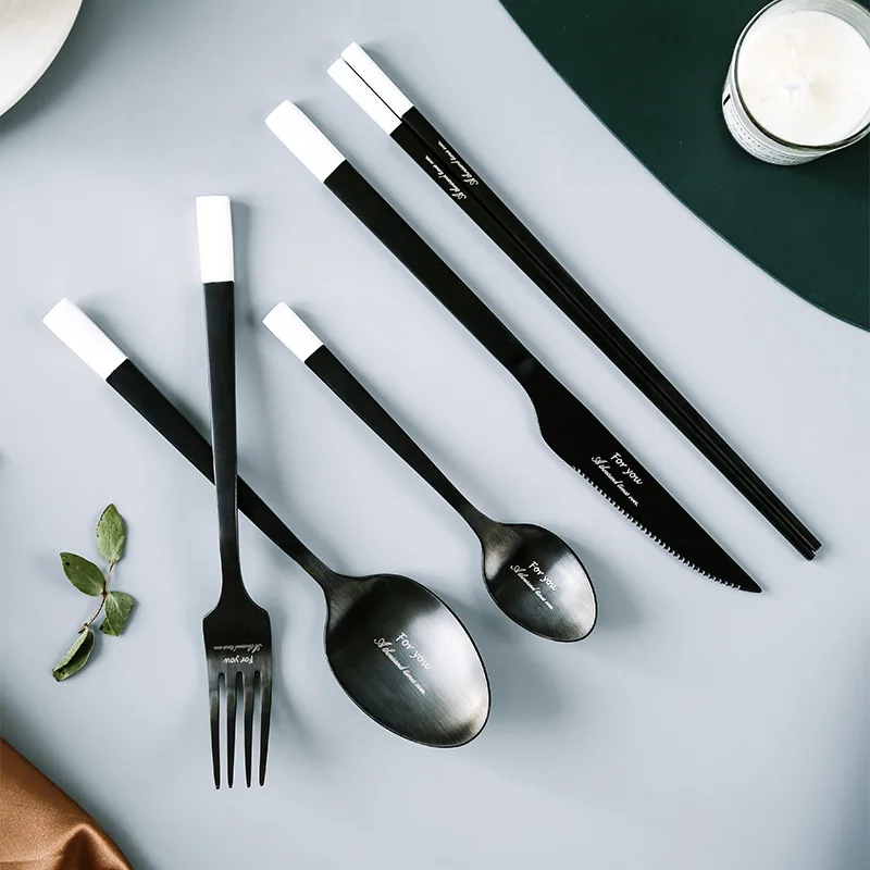 Stainless Steel Dinnerware Sets Knife and Fork Spoon Tableware Steak Chopstick Spoon Set Black Simple Western Tableware