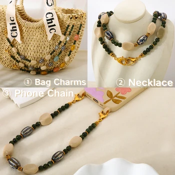 New 3-in-1 Handcrafted Beaded Chain Ceramic Charm Acrylic Gold Plated Stainless Steel Necklace Phone Strap Bag Charm