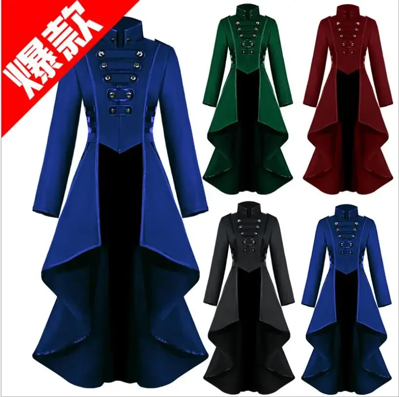 

Women Gothic Steampunk Jacket Buttons Irregular Waist Long Coat Tailed Vintage Turn Down Collar Slim Jacket Costume