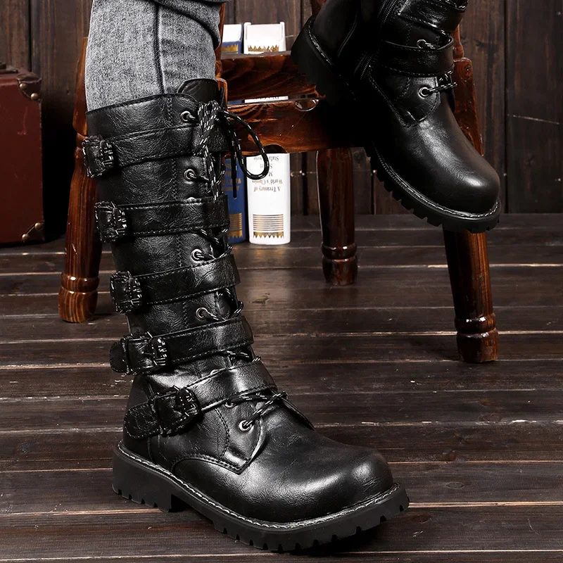 Large-SizeMen-s-Leather-Motorcycle-Boots-Mid-calf-Military-Combat-Boots ...