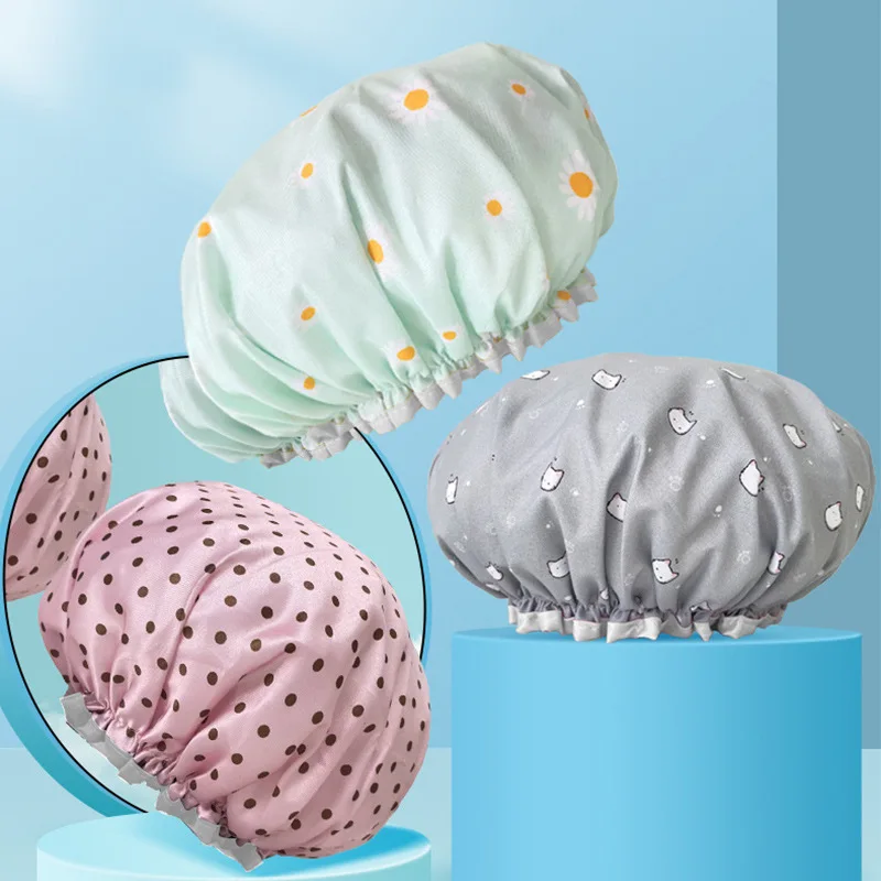 Double-layer Waterproof Women's Printed Hair Cap Cartoon Cute Shower Hair Mask Fashionable Home Shower Cap shower cap waterproof shower cap