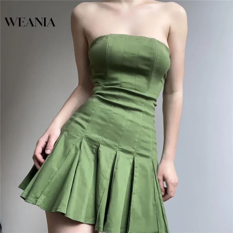 

Fashion Women's Off Shoulder Solid Sleeveless Pleated Party Dress