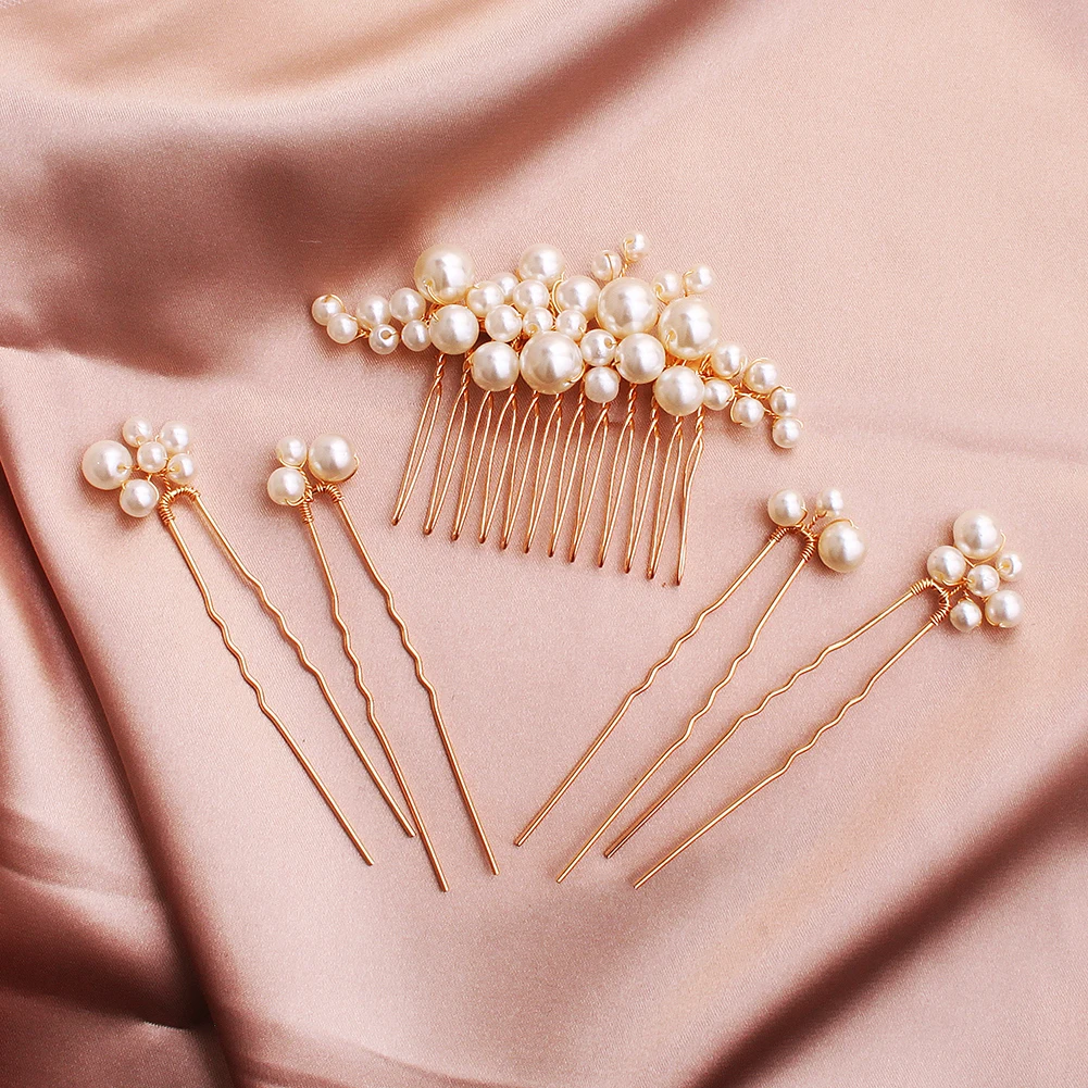5PCS Pearl Rhinestone Bridal Comb Hairpin Set Bridal Wedding Hairpin Hairstyle Making Model Headdress Jewelry Bridesmaid Gifts