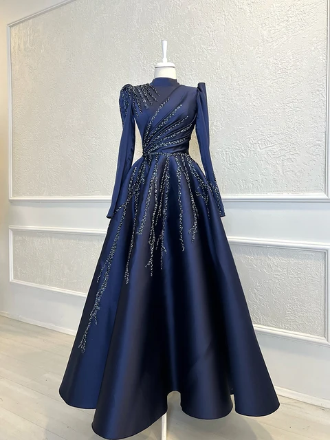 Navy Satin Beaded Long Sleeve Hijab Muslim Evening Dresses Moroccan Caftan High Neck Formal Party Ball Gown Robe De Soiree 1