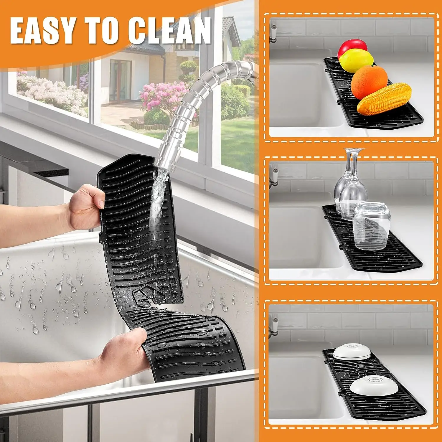Faucet Mat 30/24 Inch Silicone Sink Splash Guard Large Size Faucet Drain Drying Pad Countertop Protector for Bathroom Kitchen