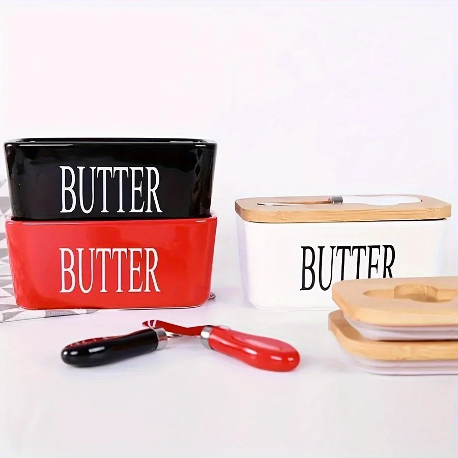Ceramic Butter Keeper Set Airtight Dish Set-Bamboo Lid and Knife Silicone Sealed Butter Keeper Kitchen Countertop Refrigerator