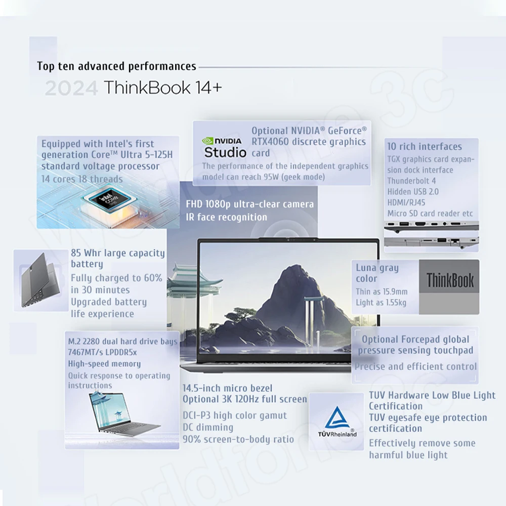 Lenovo-ThinkPlePC portable 2024 pouces, notebook, 14 + 14.5 AI, Core Evo Ultra 5, périphérique Intel/RTX4050, 16 Go/32 Go LPDDR5X, 1 To SSD 2