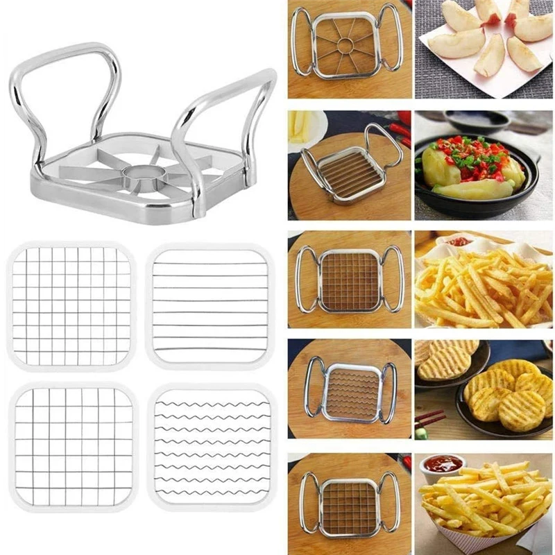 Manual Strip Chopper 1 Metal Handle and 5 Blades Multifunctional Fruit Vegetable Cutter Potato Chip Stainless Steel Fruit Slicer