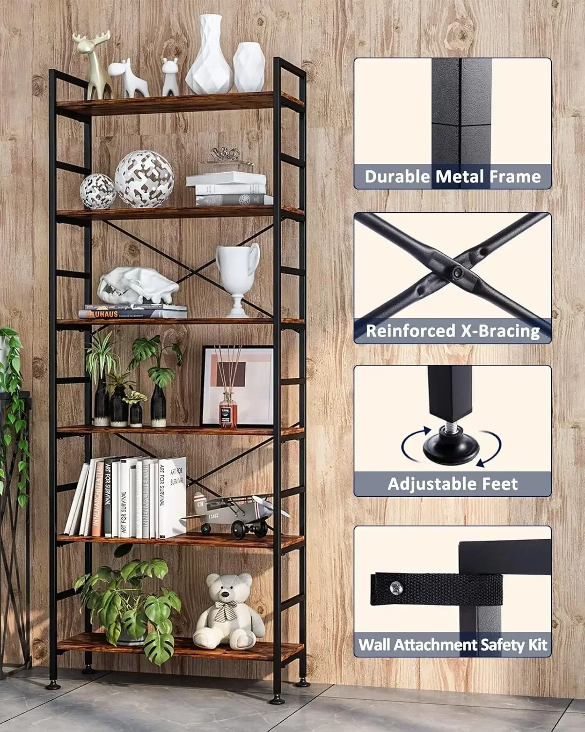 New2025-6-Tier Adjustable Tall Bookcase, Rustic Wood and Metal Standing Bookshelf, Industrial Vintage Book Shelf Unit, Open Back