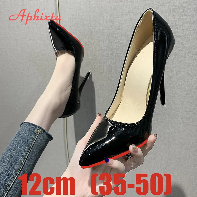 Aphixta 여성용 슈퍼 하이 씬 힐 펌프스, 12cm, 뾰족한 발가락 특허 가죽, 웨딩 원피스, 사무실 여성, 슈퍼 빅 사이즈 49, 50