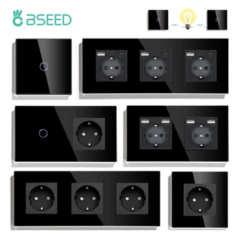 BSEED สวิทช์ไฟแบบสัมผัส 2Way สวิตช์ผนัง 1/2/3Gang LED เปลี่ยนสวิทช์ Blue Backlight EU ซ็อกเก็ต USB C ชาร์จโทรศัพท์ 1