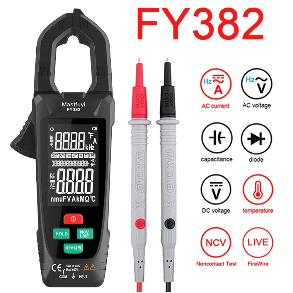 

MASTFUYI Digital Clamp Meter 9999 Counts AC Voltage Current Clamp True RMS Auto Range Temp Capacitance Ohm Hz Ammeter Pliers