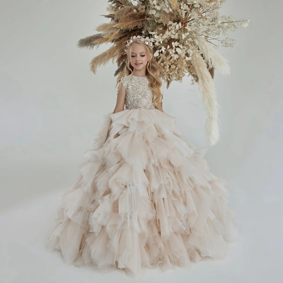 Champagnerfarbenes Ballkleid, bauschiges Blumenmädchenkleid für die Hochzeit 2026, Prinzessinnen-Tüllkleid mit Applikationen und Perlenstickerei, Partykleid, Festkleid, Erstkommunionkleid – Detail 3