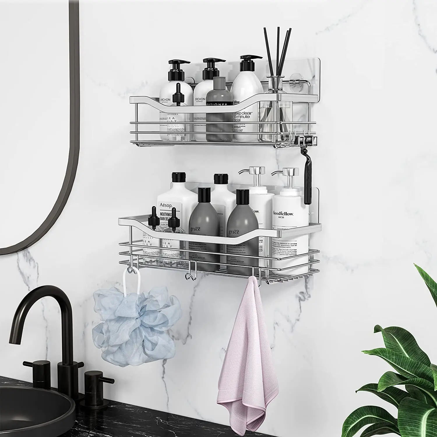 Rustproof Stainless Steel Bathroom Organizer 2 Pcs 5 Hooks Large Capacity No Drilling Bathroom Storage bathroom shelf rack,bathroom storage rack,wall shelf organizer,storage tray