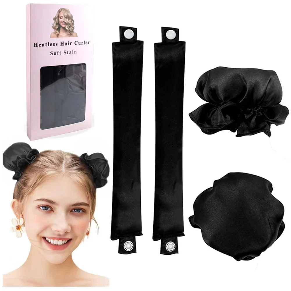 2pc Satin Heatless Curling Rod with Hair Caps, Soft Overnight Curling Rod Headband for Long Hair, DIY Hairstyling Tools