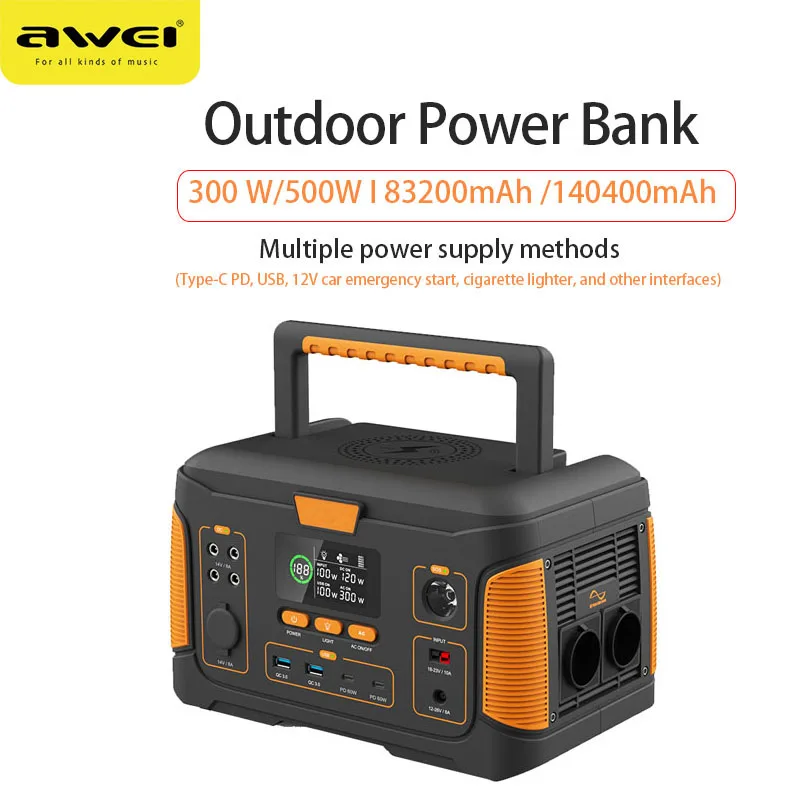 

Awei 500W/300W Camping RV Portable Power Station 100/220V Powerbank 83200mAh /140400mAh Outdoor powerbank Camping Power Supply