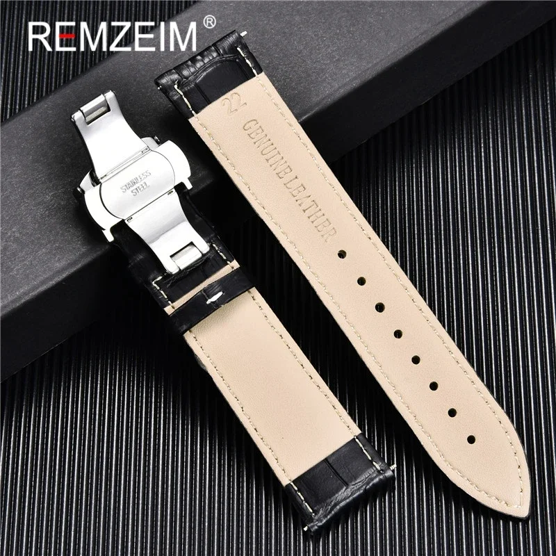 Genuine Calfskin Leather Watchband Strap with Automatic Butterfly Buckle - Business Casual Style